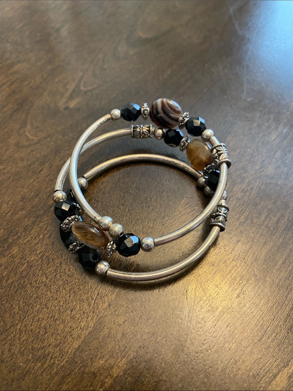 Silver Tone Black and Brown Beaded Wrap Bracelet